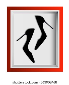 Black high heels in red box. Vector illustration.