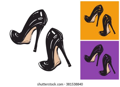 Black high heels vector sketch in fashion style on white, yellow and purple background.