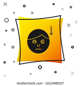 Black High human body temperature or get fever icon isolated on white background. Disease, cold, flu symptom. Yellow square button. Vector Illustration