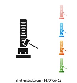 Black High striker attraction with big hammer icon isolated on white background. Attraction for measuring strength. Amusement park. Set icons colorful. Vector Illustration