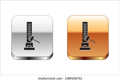 Black High striker attraction with big hammer icon isolated on white background. Attraction for measuring strength. Amusement park. Silver-gold square button. Vector Illustration
