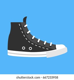 Black high top canvas shoe icon. Casual high-top trainers. Flat design. Vector illustration