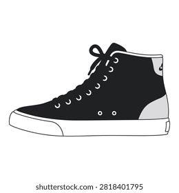 A black high top Converse sneaker shoe with white sole and laces on a plain background
