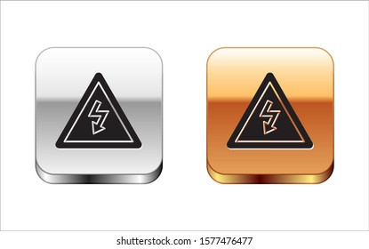 Black High voltage sign icon isolated on white background. Danger symbol. Arrow in triangle. Warning icon. Silver-gold square button. Vector Illustration