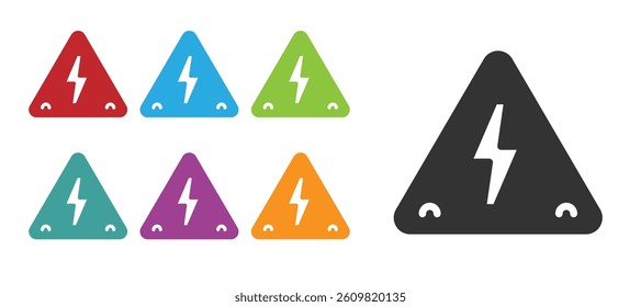 Black High voltage sign icon isolated on white background. Danger symbol. Arrow in triangle. Warning icon. Set icons colorful. Vector