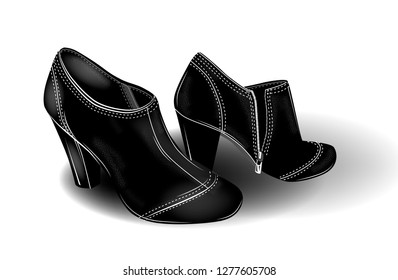 Black high-heeled ankle boots with white stitching. Fashion girl’s footwear. Shoes icon.