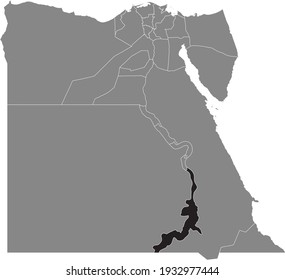 Schwarzes Highlight-Stadtplan der ägyptischen Gouverneurin von Assuan in grauer Karte der Arabischen Republik Ägypten