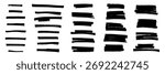Black highlight marker lines isolated on white background. Various marker pen strokes with different length and thickness hand drawn set. Realistic vector graphic modern design elements.