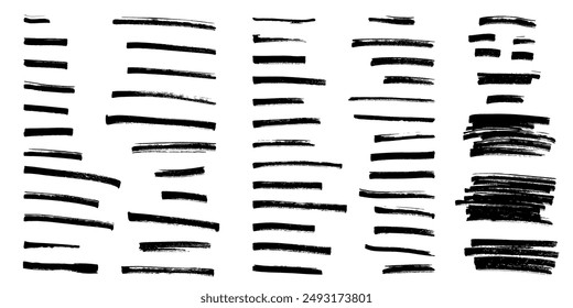 Black highlight marker lines isolated on white background. Various marker pen strokes with different length and thickness hand drawn set. Realistic vector graphic modern design elements.