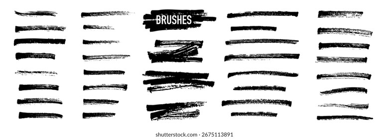 Black highlight marker lines isolated on white background. Various marker pen strokes with different length and thickness hand drawn set. Realistic vector graphic modern design elements.