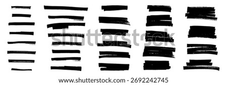 Black highlight marker lines isolated on white background. Various marker pen strokes with different length and thickness hand drawn set. Realistic vector graphic modern design elements.