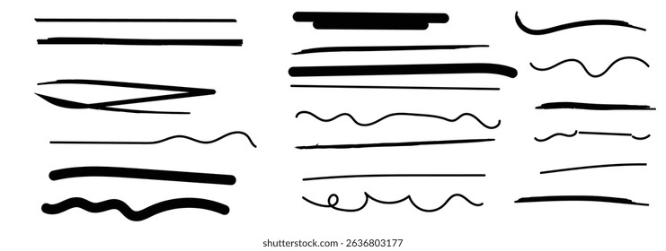Black highlight marker stripes isolated on white background. Marker pen lines hand drawn set. 