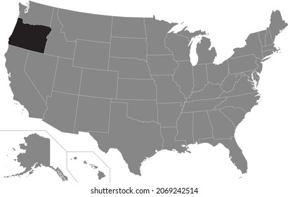 Black highlighted location administrative map of the US Federal State of Oregon inside gray map of the United States of America