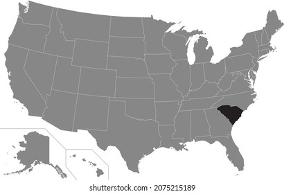 Black highlighted location administrative map of the US Federal State of South Carolina inside gray map of the United States of America