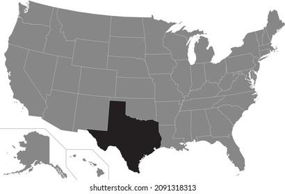 Black highlighted location administrative map of the US Federal State of Texas inside gray map of the United States of America