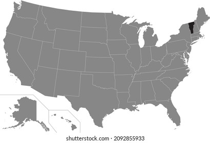 Black highlighted location administrative map of the US Federal State of Vermont inside gray map of the United States of America