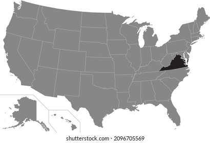 Black highlighted location administrative map of the US Federal State of Virginia inside gray map of the United States of America