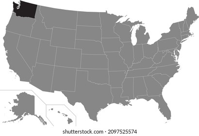 Black highlighted location administrative map of the US Federal State of Washington inside gray map of the United States of America