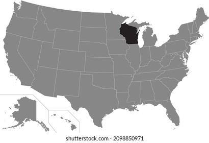 Black highlighted location administrative map of the US Federal State of Wisconsin inside gray map of the United States of America