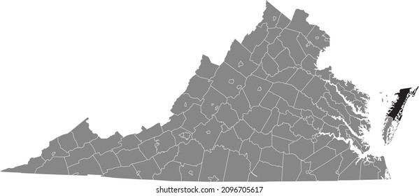 Black highlighted location map of the Accomack County inside gray administrative map of the Federal State of Virginia, USA