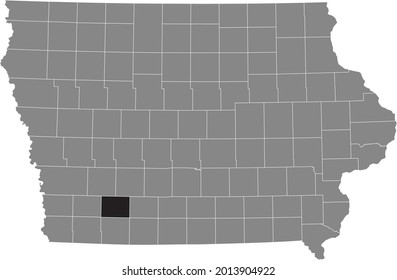 Black highlighted location map of the Adams County inside gray map of the Federal State of Iowa, USA