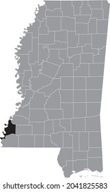 Black highlighted location map of the Adams County inside gray map of the Federal State of Mississippi, USA