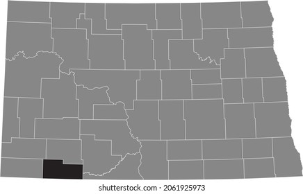 Black highlighted location map of the Adams County inside gray administrative map of the Federal State of North Dakota, USA