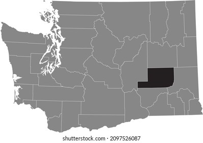 Black highlighted location map of the Adams County inside gray administrative map of the Federal State of Washington, USA