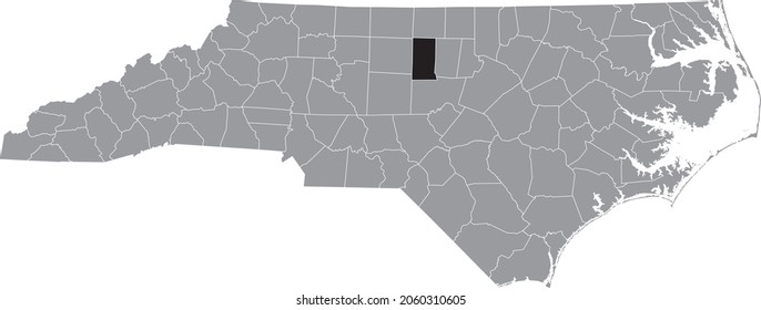 Black highlighted location map of the Alamance County inside gray administrative map of the Federal State of North Carolina, USA