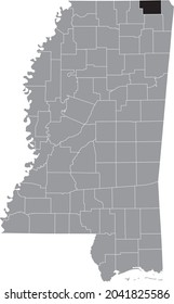 Black highlighted location map of the Alcorn County inside gray map of the Federal State of Mississippi, USA