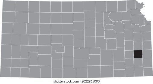 Mapa de ubicación resaltado en negro del condado Allen dentro del mapa gris del estado federal de Kansas, EE.UU.