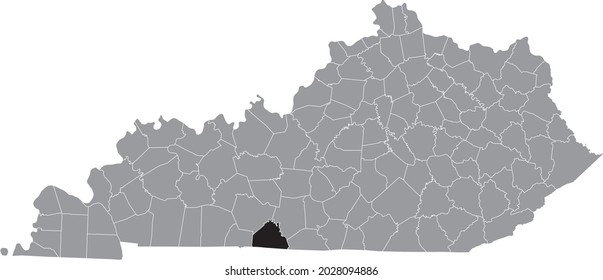 Black highlighted location map of the Allen County inside gray map of the Federal State of Kentucky, USA