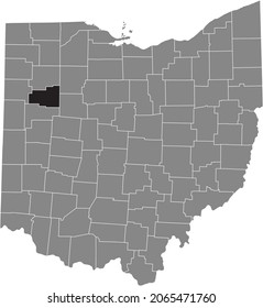 Black highlighted location map of the Allen County inside gray administrative map of the Federal State of Ohio, USA