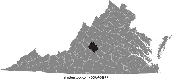 Black highlighted location map of the Amherst County inside gray administrative map of the Federal State of Virginia, USA