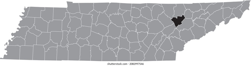 Black highlighted location map of the Anderson County inside gray administrative map of the Federal State of Tennessee, USA