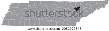 Black highlighted location map of the Anderson County inside gray administrative map of the Federal State of Tennessee, USA