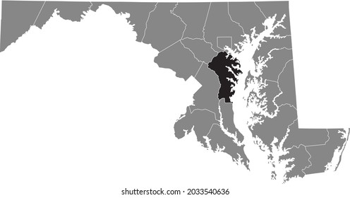Black highlighted location map of the Anne Arundel County inside gray map of the Federal State of Maryland, USA