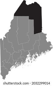 Mapa de ubicación resaltado en negro del condado de Aroostook dentro del mapa gris del estado federal de Maine, Estados Unidos
