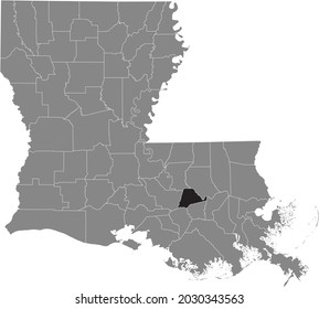 Black highlighted location map of the Ascension Parish inside gray map of the Federal State of Louisiana, USA