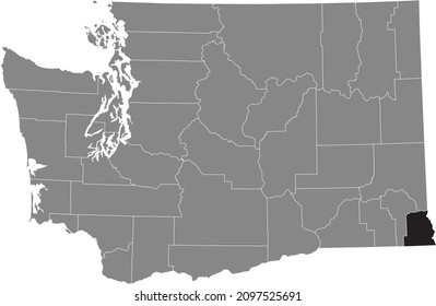 Black highlighted location map of the Asotin County inside gray administrative map of the Federal State of Washington, USA