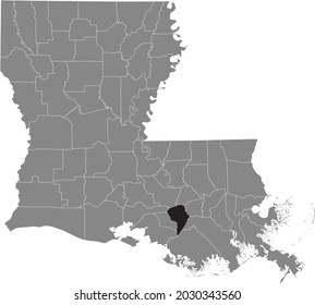 Black highlighted location map of the Assumption Parish inside gray map of the Federal State of Louisiana, USA