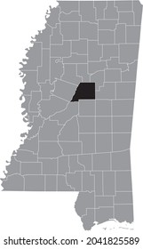 Black highlighted location map of the Attala County inside gray map of the Federal State of Mississippi, USA