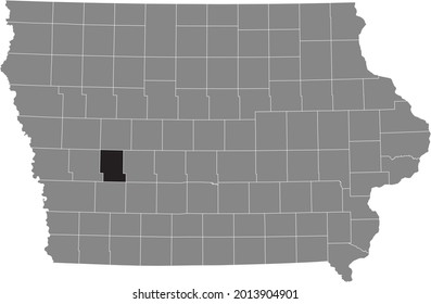 Black highlighted location map of the Audubon County inside gray map of the Federal State of Iowa, USA