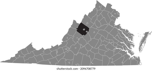 Black highlighted location map of the Augusta County inside gray administrative map of the Federal State of Virginia, USA