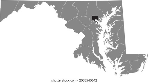 Black highlighted location map of the Baltimore City inside gray map of the Federal State of Maryland, USA