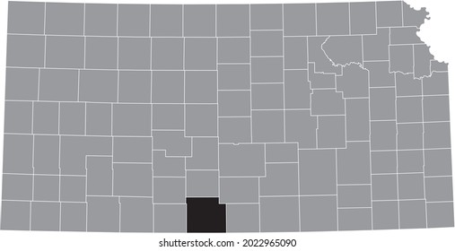 Black highlighted location map of the Barber County inside gray map of the Federal State of Kansas, USA