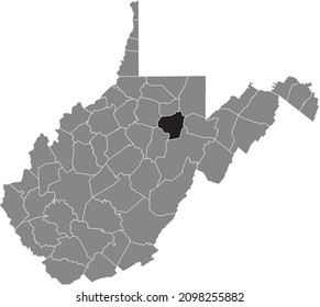 Black highlighted location map of the Barbour County inside gray administrative map of the Federal State of West Virginia, USA