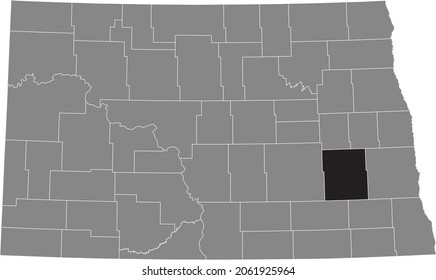 Black highlighted location map of the Barnes County inside gray administrative map of the Federal State of North Dakota, USA