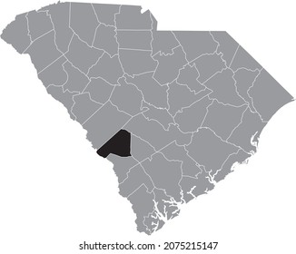 Black highlighted location map of the Barnwell County inside gray administrative map of the Federal State of South Carolina, USA