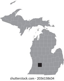 Black highlighted location map of the Barry County inside gray map of the Federal State of Michigan, USA